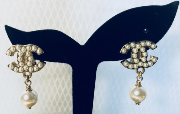 Chanel CC pearl drop clip on earrings