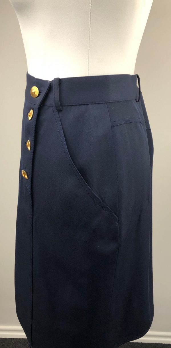 Chanel Vintage Navy Blue Pencil Skirt with CC Gold Buttons