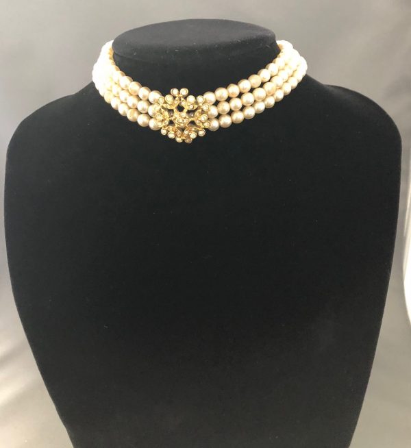 Triple Strand Vintage Pearls Necklace with a Flower Centrepiece With Rhinestones