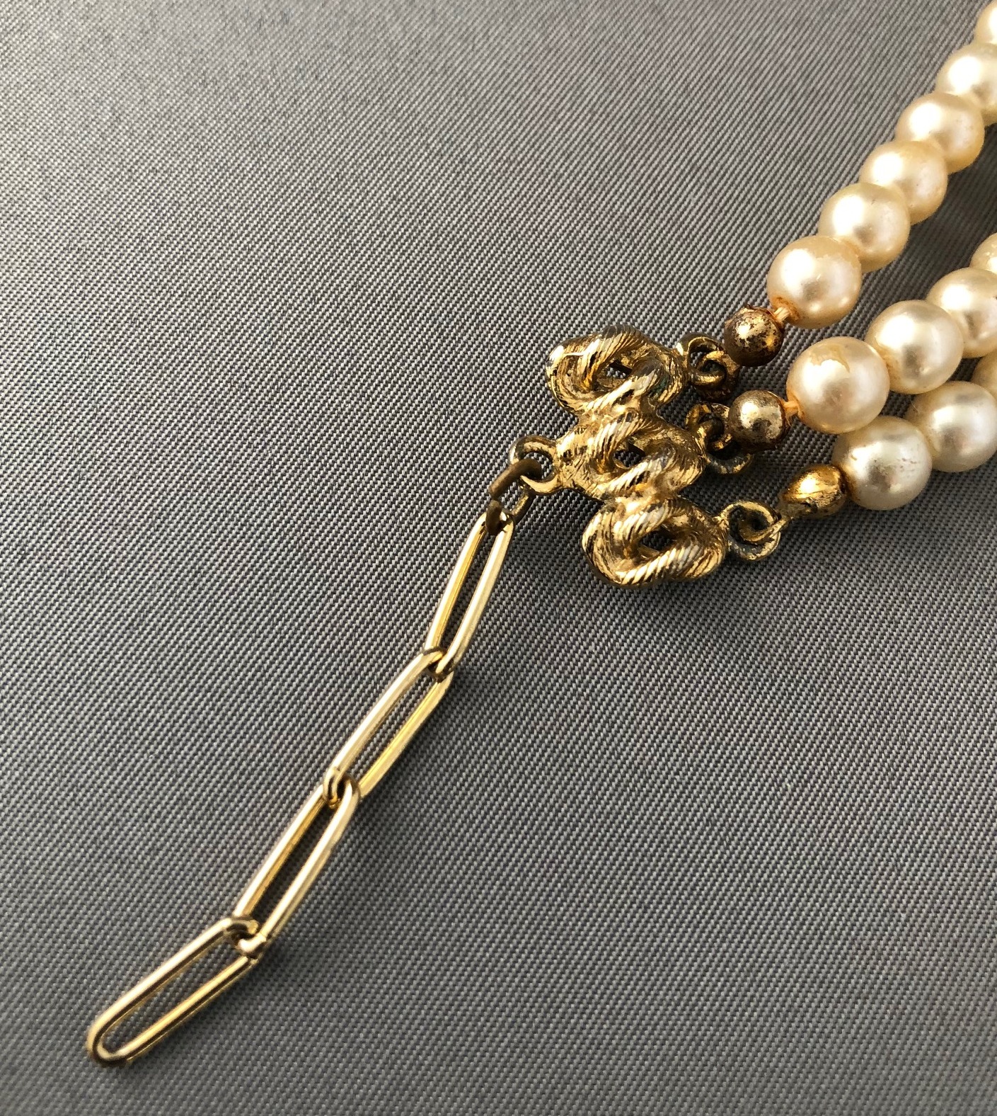 Vintage Pearls Necklace Triple Strand Flower & Rhinestones