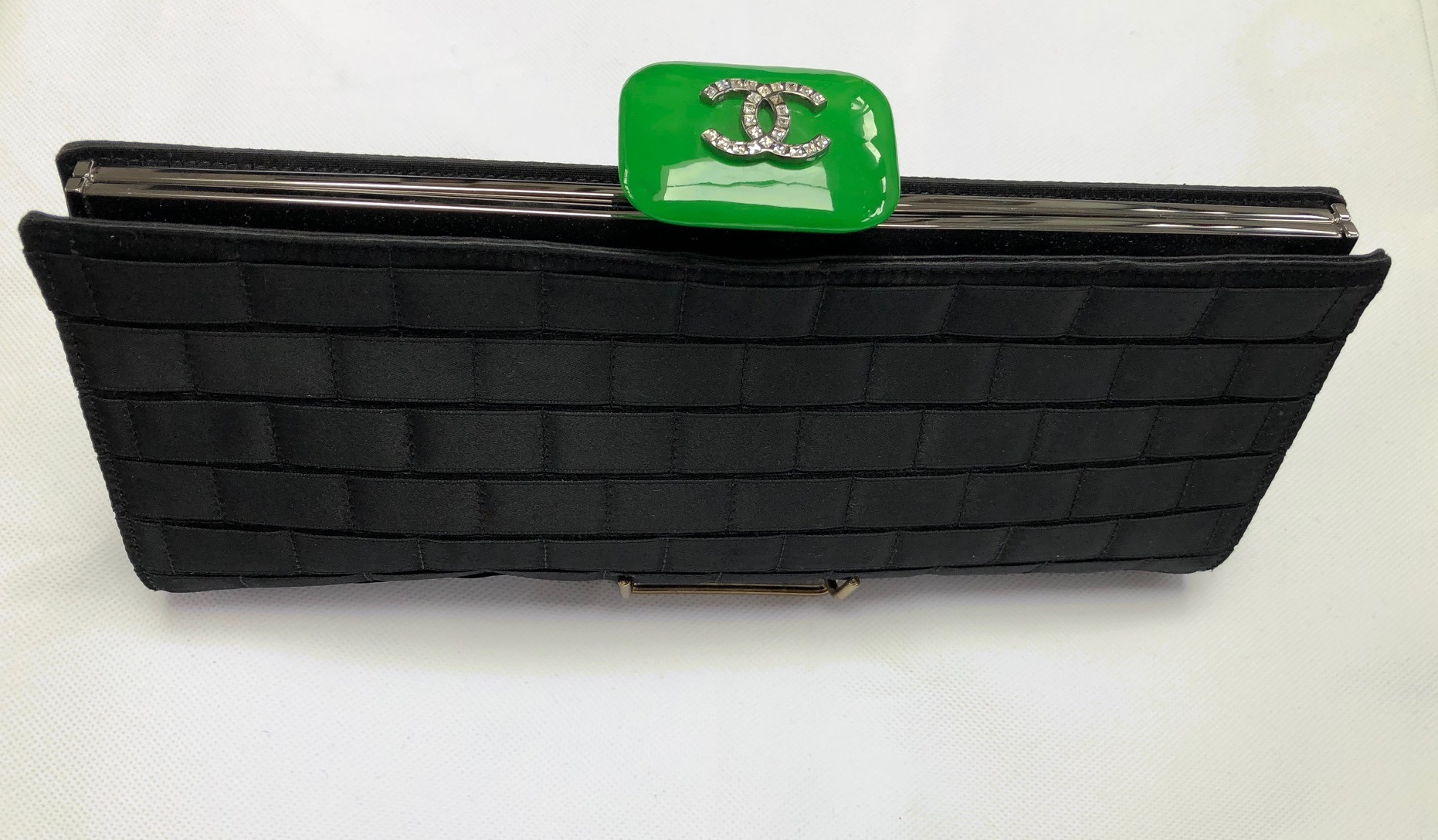 CHANEL Black Quilted Satin Clutch Bag Jade Clasp