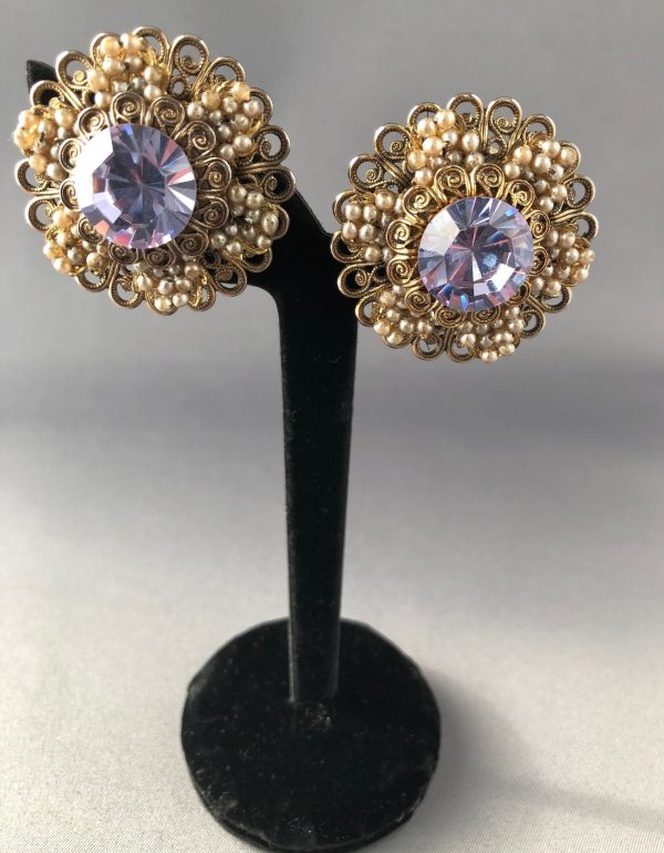 Vintage Amethyst Flower Clip on Earrings Cannetille work & Faux Pearls