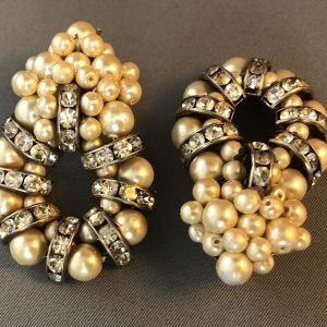 Vintage Oval-Shaped Clip On Drop Earrings With Faux Pearls & Faux Diamonds