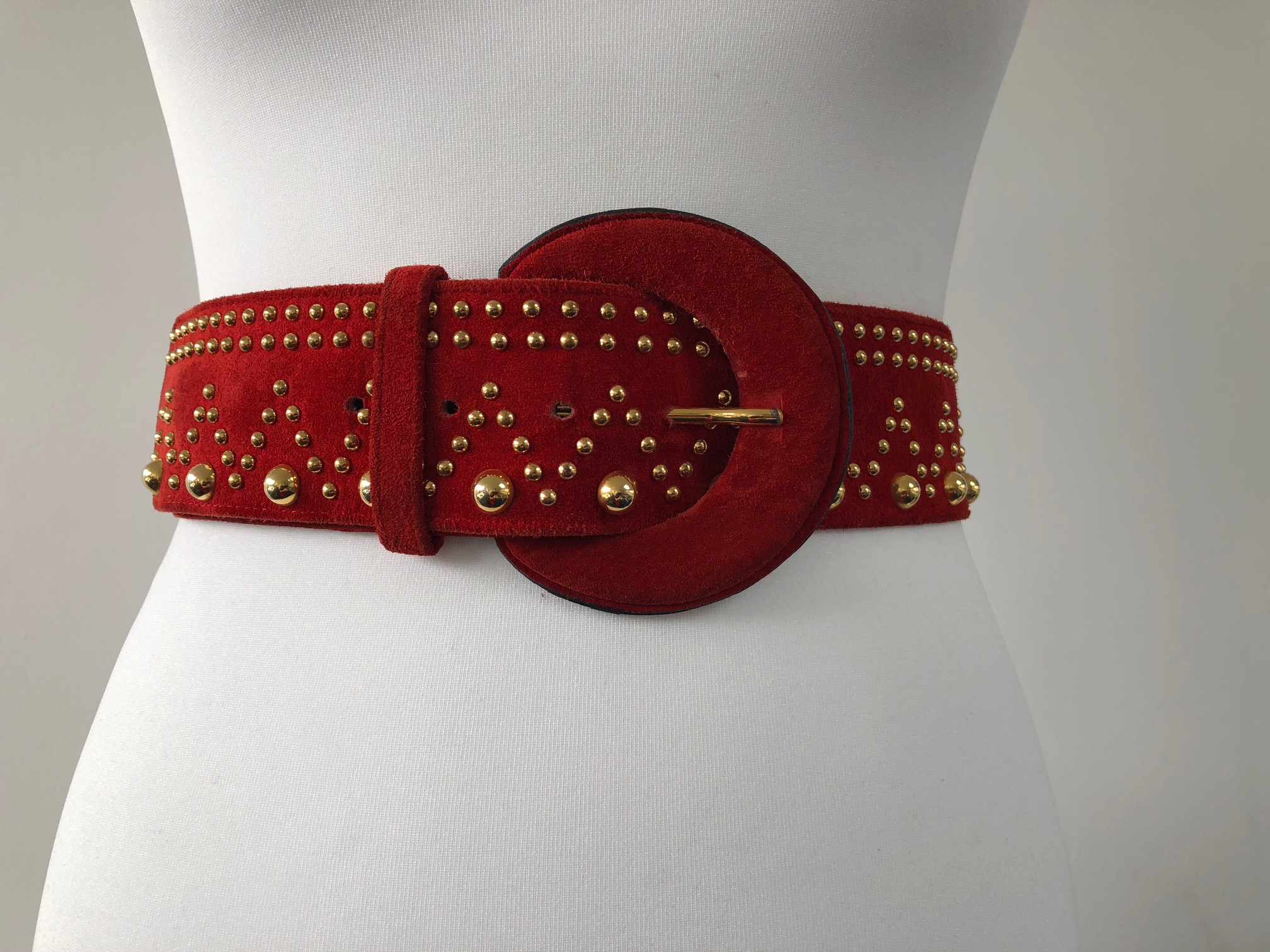 1980s YSL Yves Saint Laurent Red Suede Gold Buckle Belt with Charm – style  - CHNGR