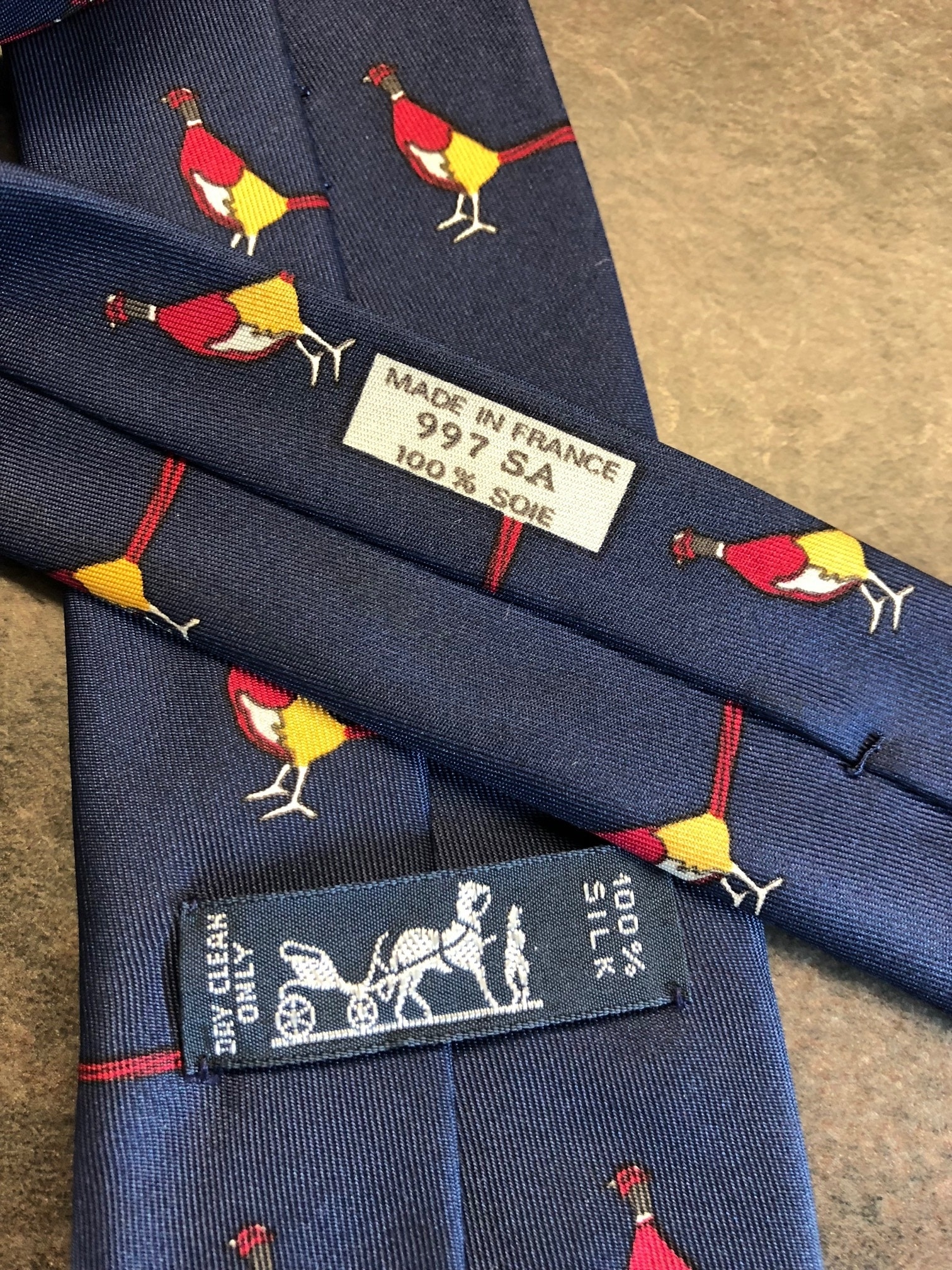 HERMES tie in dark blue printed silk - VALOIS VINTAGE PARIS