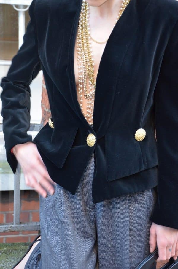 Vintage Couture Skirt Suit Black Jewel Buttons Asymmetric French