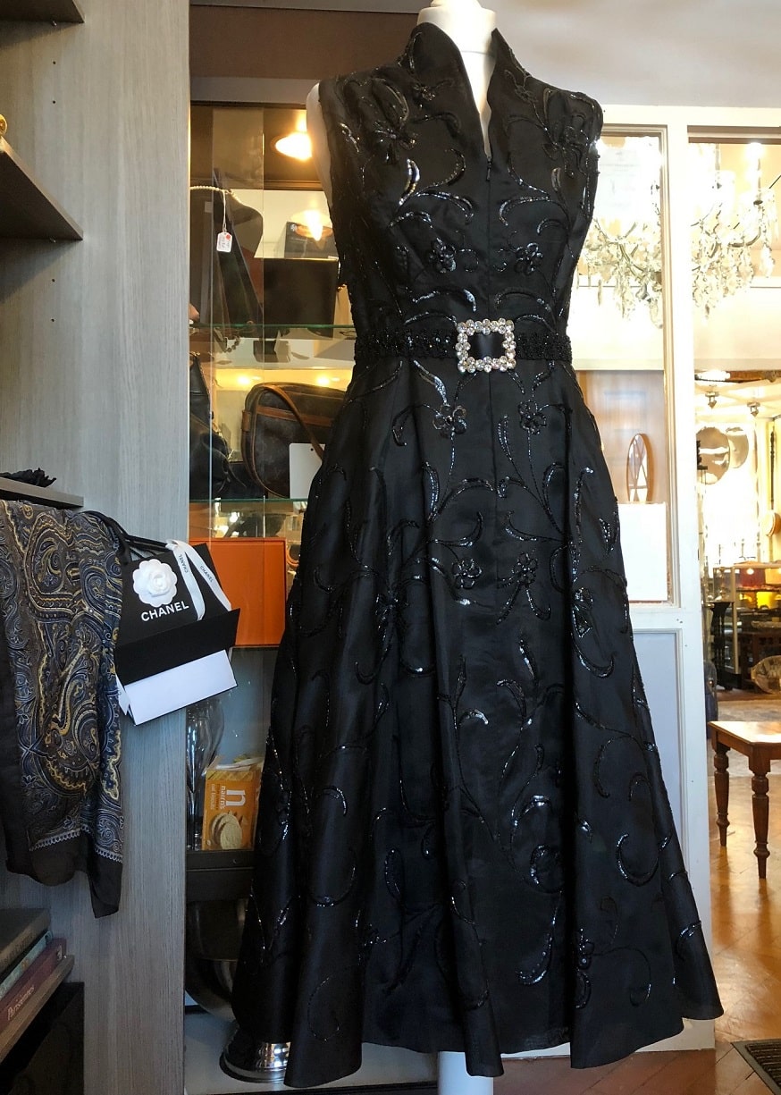 Couture Dress Black Taffeta Sequins 50s Style - Chelsea Vintage