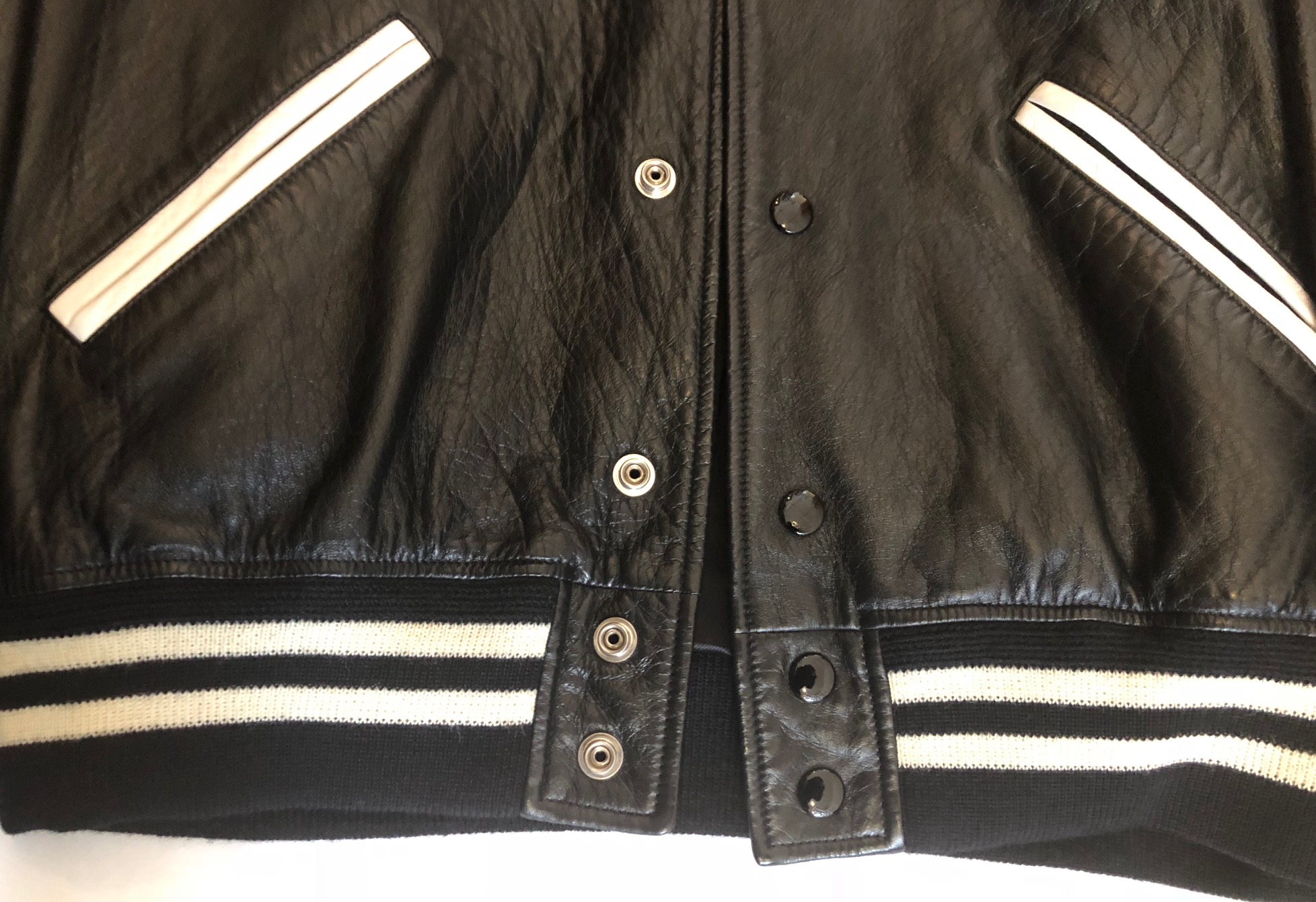 SAINT LAURENT Striped Leather Varsity Jacket Unisex - Chelsea Vintage ...