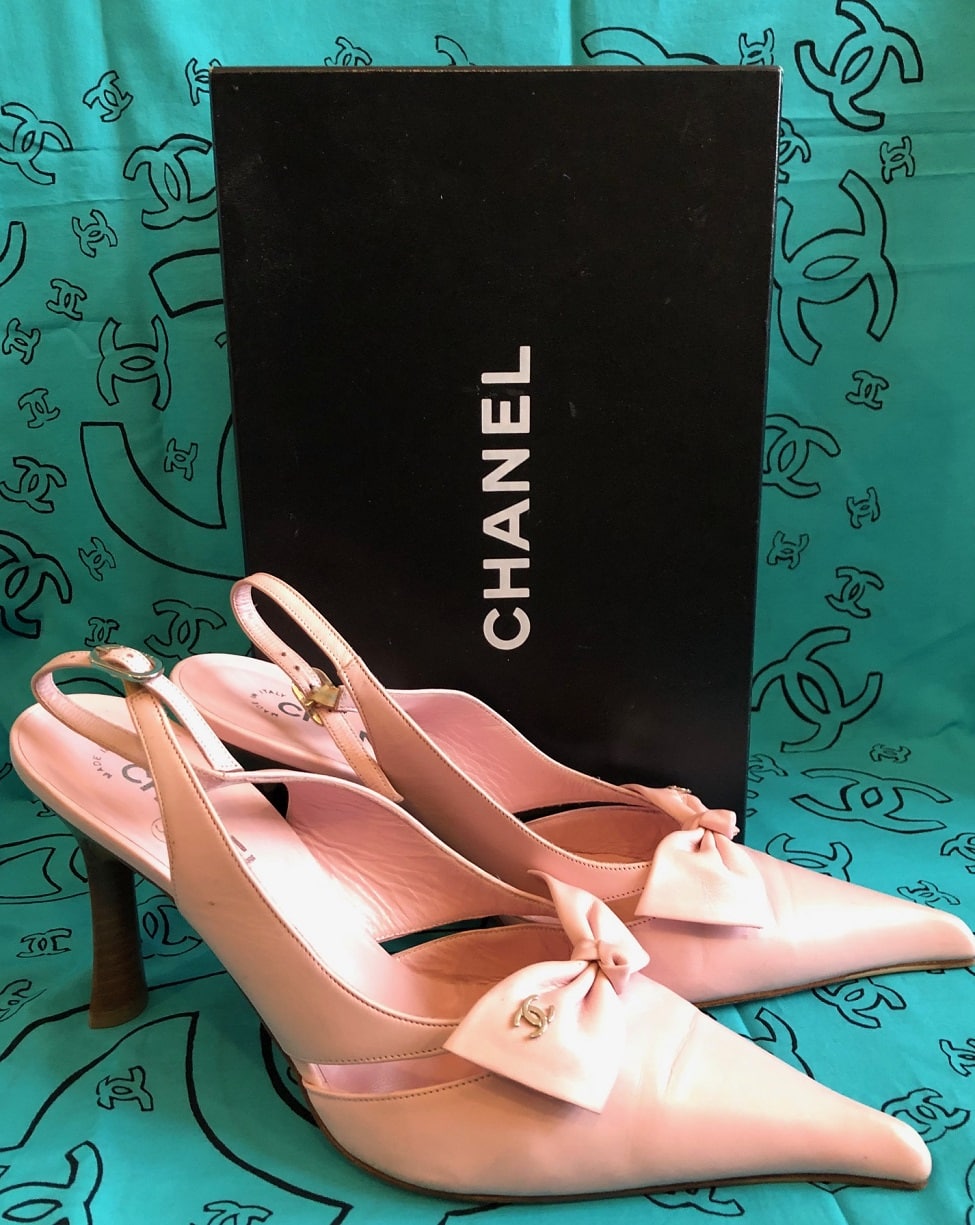 CHANEL Pale Pink Leather Slings Classic CC Logo Bow Heels Shoes