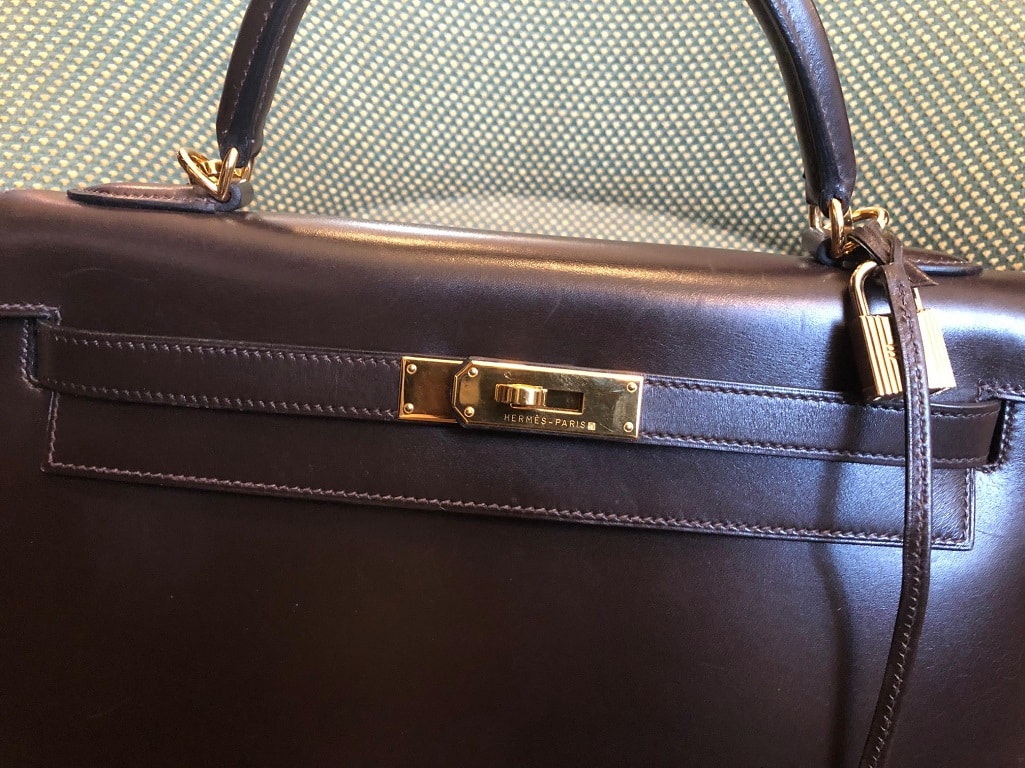 Hermes Kelly Bag Box Leather Gold Hardware In Burgundy
