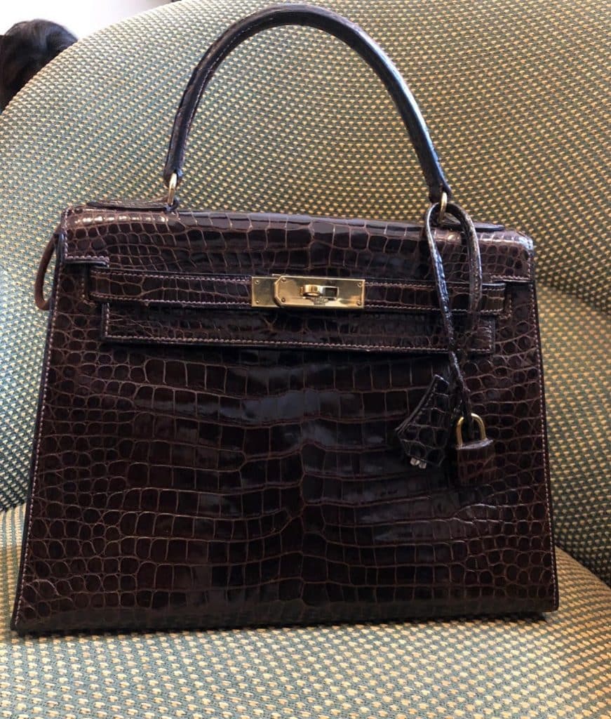 Hermes Kelly 28cm Bag In Brown Embossed Crocodile GHW 