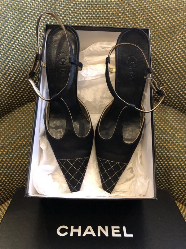 Chanel Slingback High Heels Shoes Satin CC Logo - Chelsea Vintage Couture