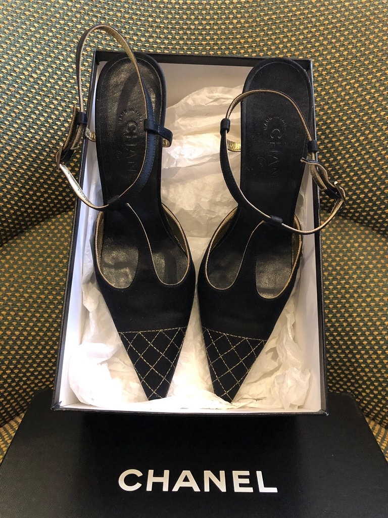 Chanel Slingback High Heels Shoes Satin CC Logo - Chelsea Vintage Couture