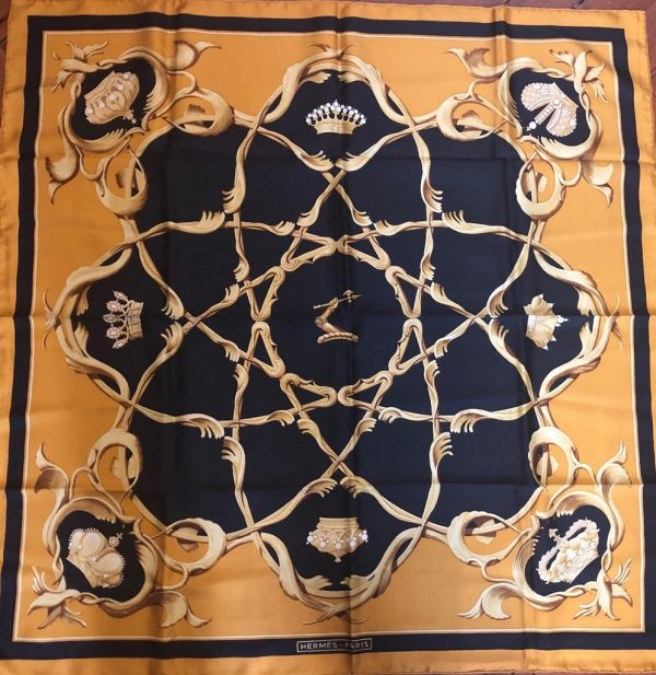 HERMES Rare Crowns Couronnes Silk Scarf in Dark Yellow Gold & Black ...