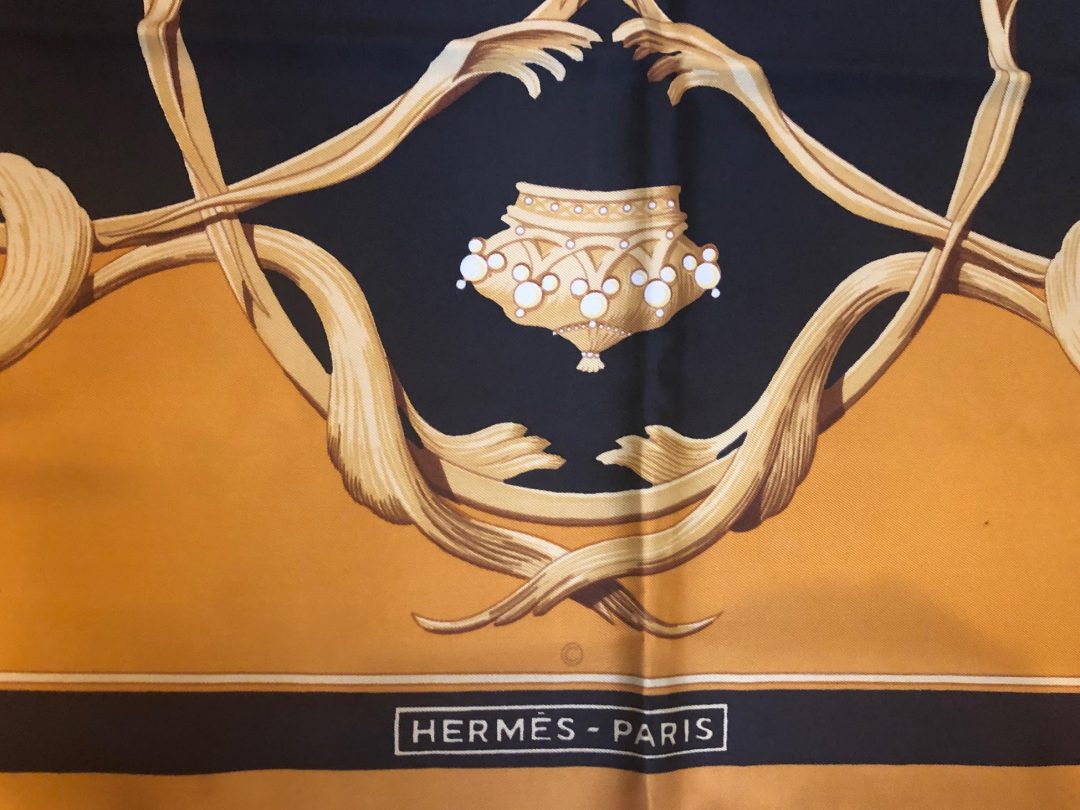 HERMES Rare Crowns Couronnes Silk Scarf in Dark Yellow Gold & Black ...