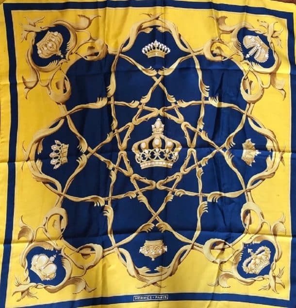 HERMÈS Rare Crowns Couronnes Silk Scarf in Gold and Royal Blue Circa ...