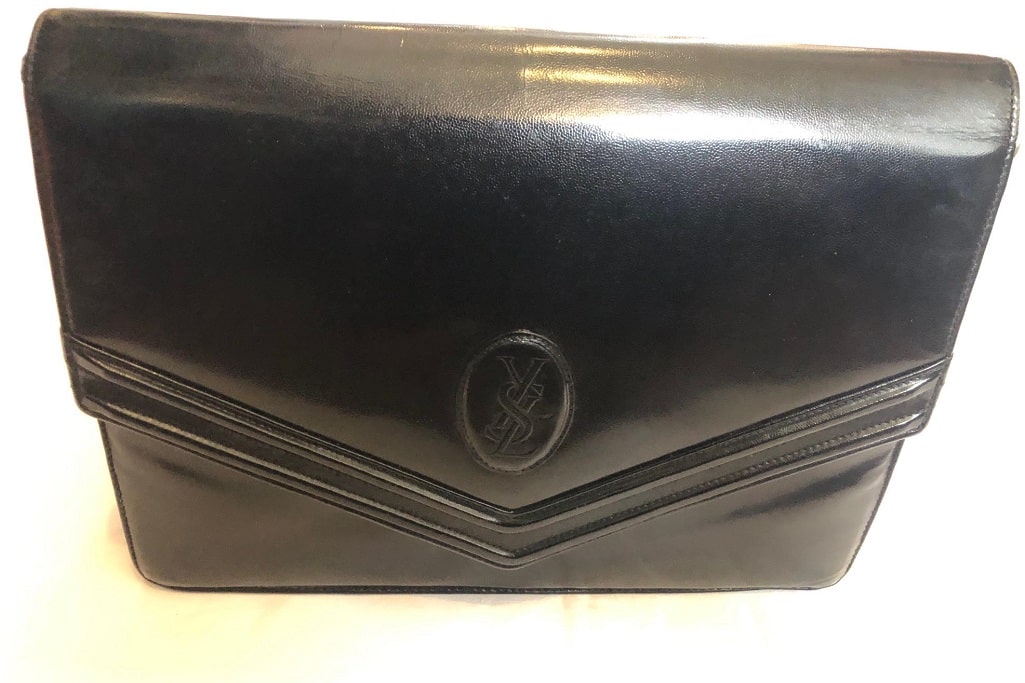 Yves Saint Laurent Saffiano Leather Clutch Bag Black YSL Logo Plate Vintage