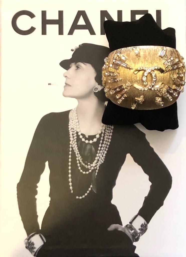 Chanel Logo Black Calfskin and Gold Cuff Bracelet