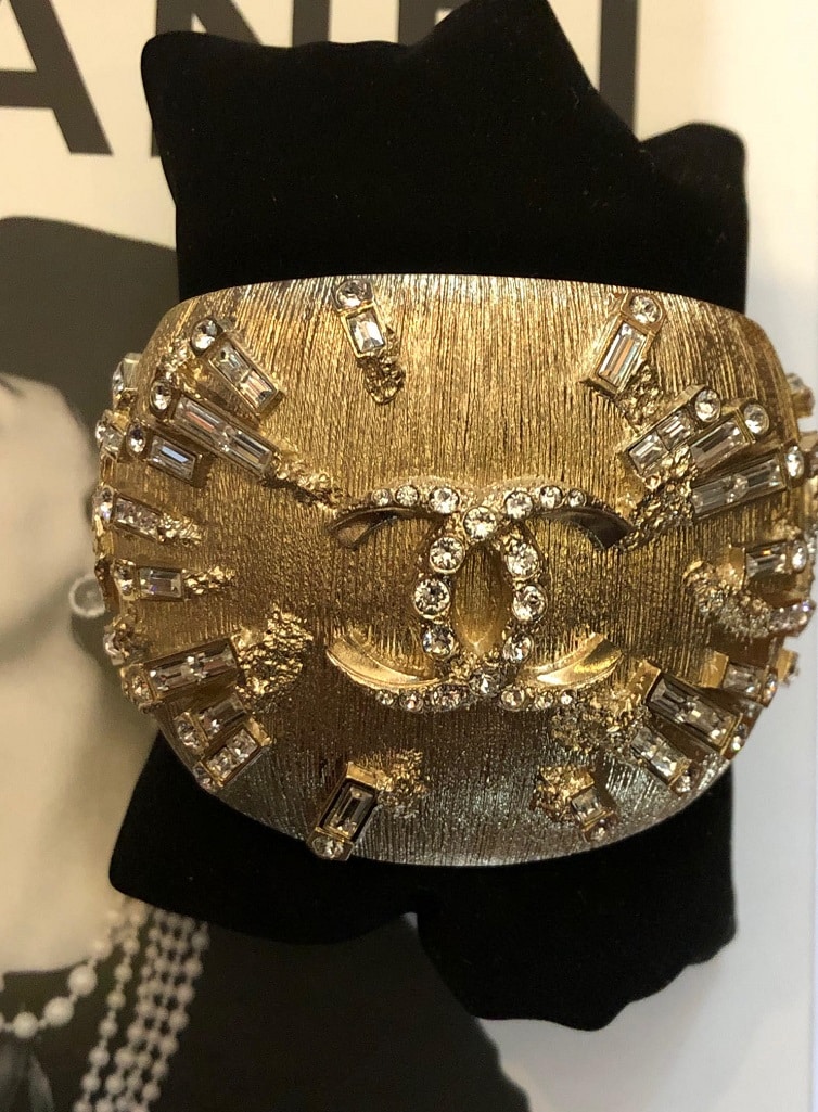 CHANEL CC Logo Cuff Bracelet Bangle Crystal Gold-Tone - Chelsea Vintage  Couture