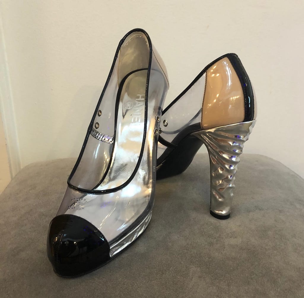 CHANEL Shoes CC PVC Clear Black Patent Leather Toe Platform High Heels ...