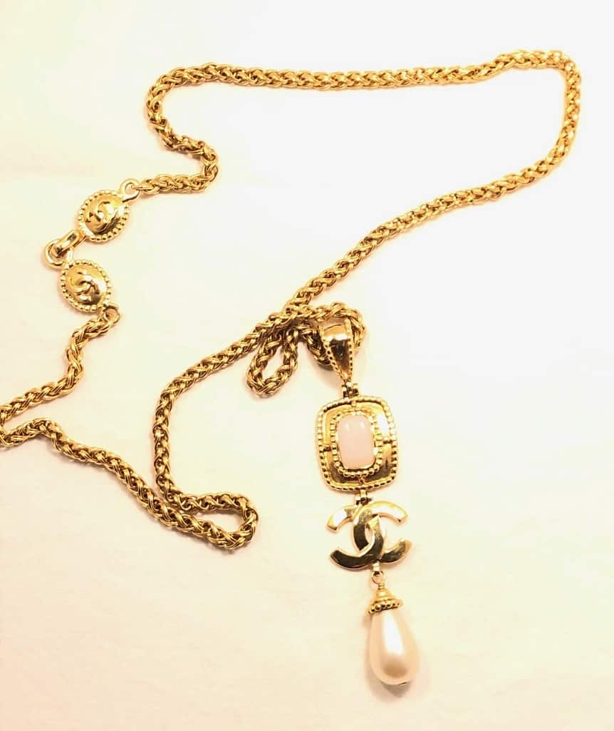CHANEL Vintage Long Necklace CC Logo Faceted Quartz Cabochon Pearl Drop -  Chelsea Vintage Couture