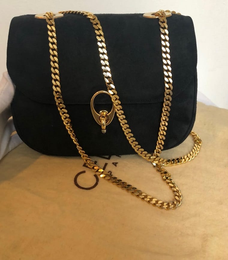 CELINE Oval Shape Shoulder Bag Double Gold Chain Strap - Chelsea Vintage Couture