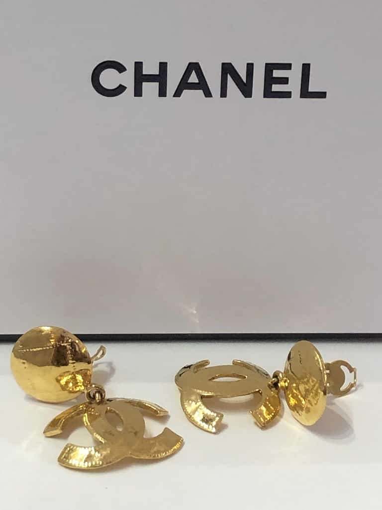 CHANEL Gold Textured Ball CC Logo Charm Dangle Drop Evening Earrings -  Chelsea Vintage Couture