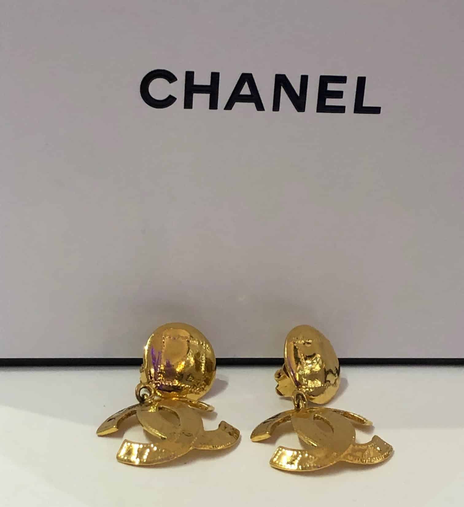 CHANEL Gold Textured Ball CC Logo Charm Dangle Drop Evening Earrings ...