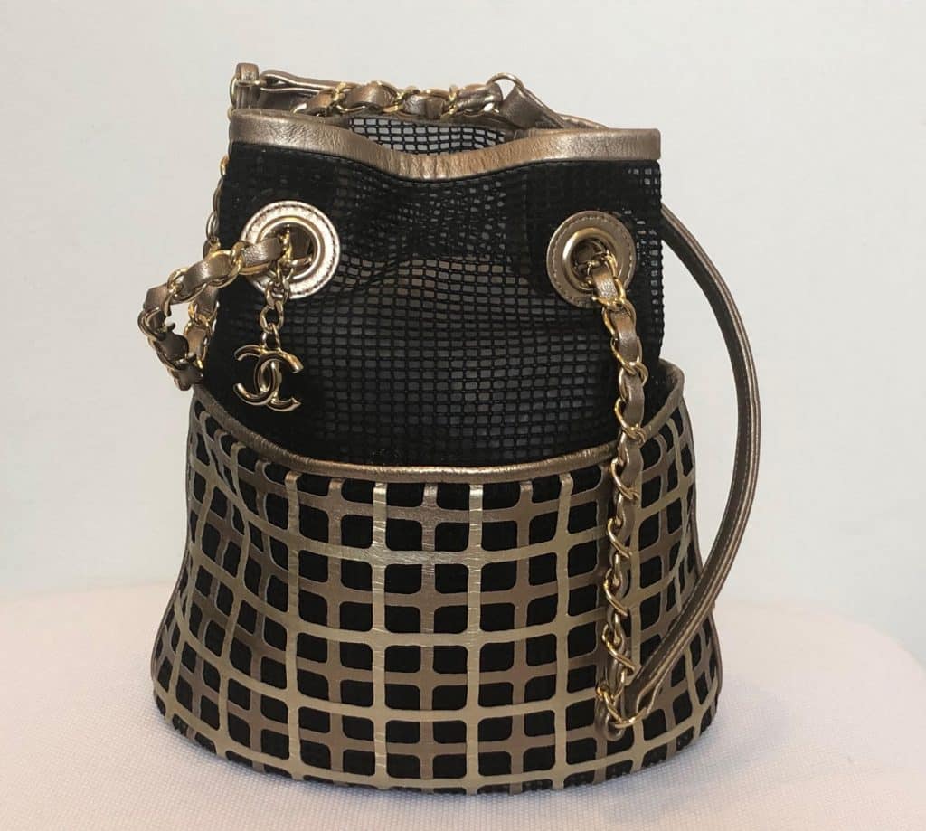CHANEL Bucket Bag Limited Edition Gold Leather and Black Mesh Chelsea