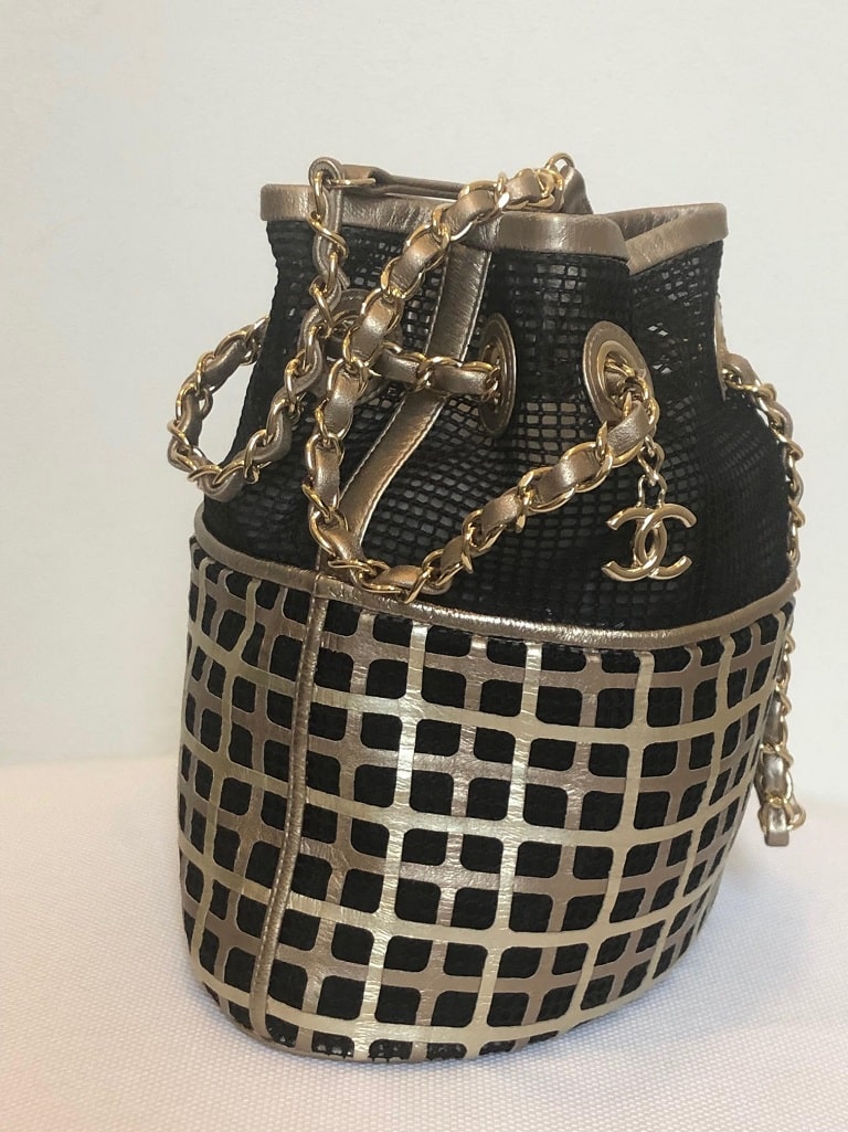 CHANEL Bucket Bag Limited Edition Gold Leather and Black Mesh