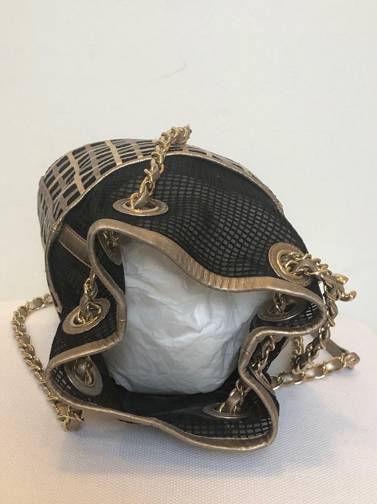 CHANEL Bucket Bag Limited Edition Gold Leather and Black Mesh