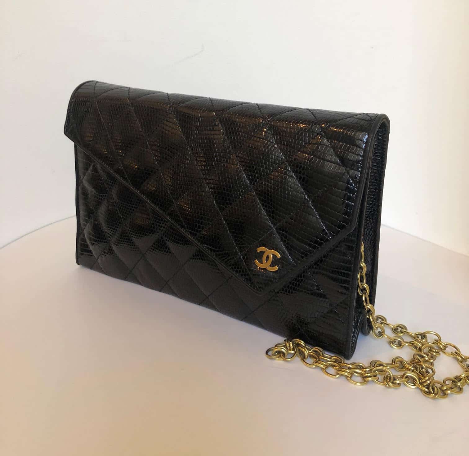 Chanel Black Lizard Leather Gold Chain 2 in 1 Clutch Flap Evening