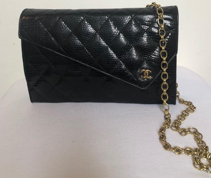 Chanel Black Lizard Leather Gold Chain 2 in 1 Clutch Flap Evening Shoulder  Bag - Chelsea Vintage Couture