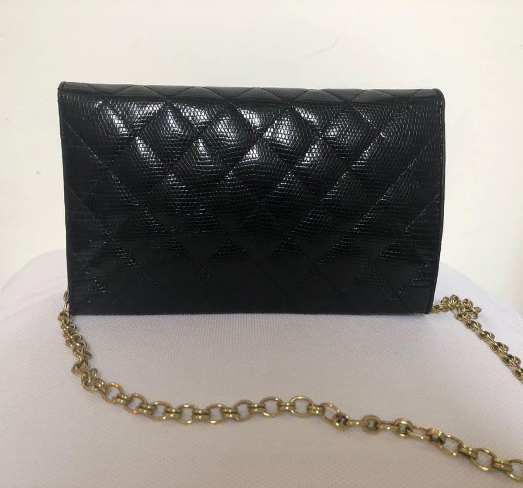 Chanel Black Lizard Leather Gold Chain 2 in 1 Clutch Flap Evening ...