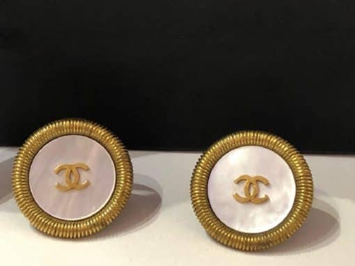 CHANEL 1994 CC Logo Gold Chiseled Button Earrings Mother Of Pearl ...