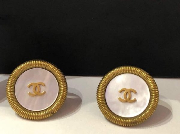 CHANEL 1994 CC Logo Gold Chiseled Button Earrings Mother Of Pearl