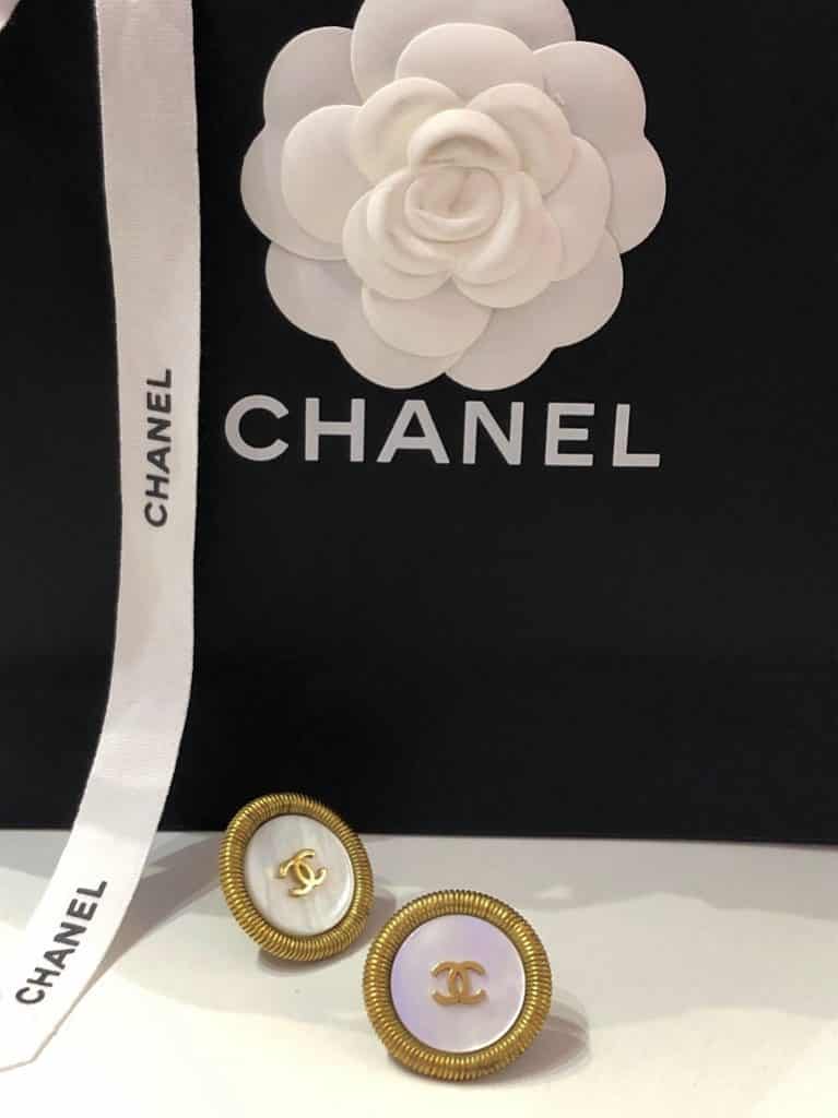 CHANEL 1994 CC Logo Gold Chiseled Button Earrings Mother Of Pearl ...