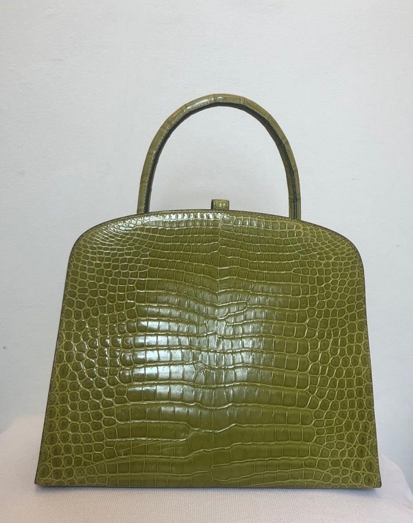 Authentic Ostrich Green Leather Hand Bag Purse Louis Feraud Paris