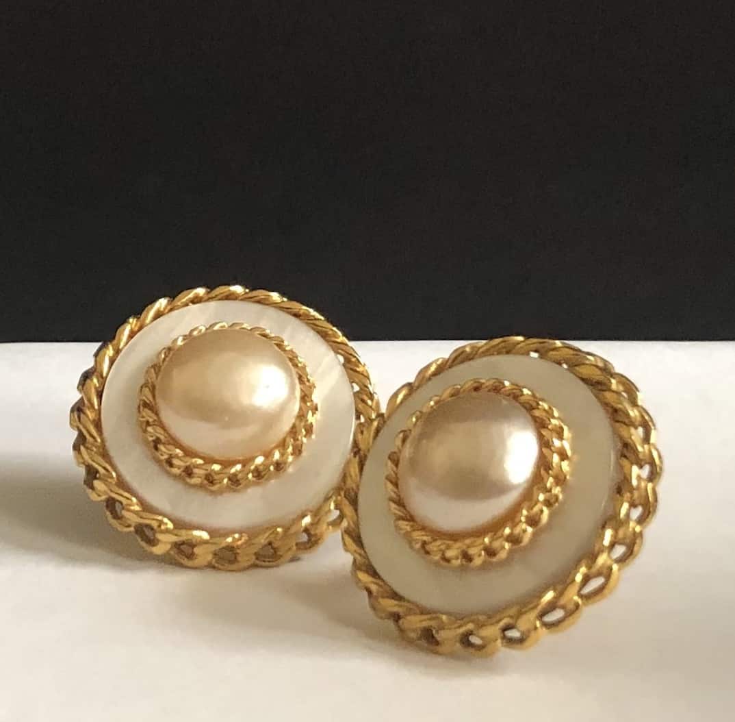 CHANEL Vintage Jumbo Gold Tone Chain and Faux Pearl Earrings