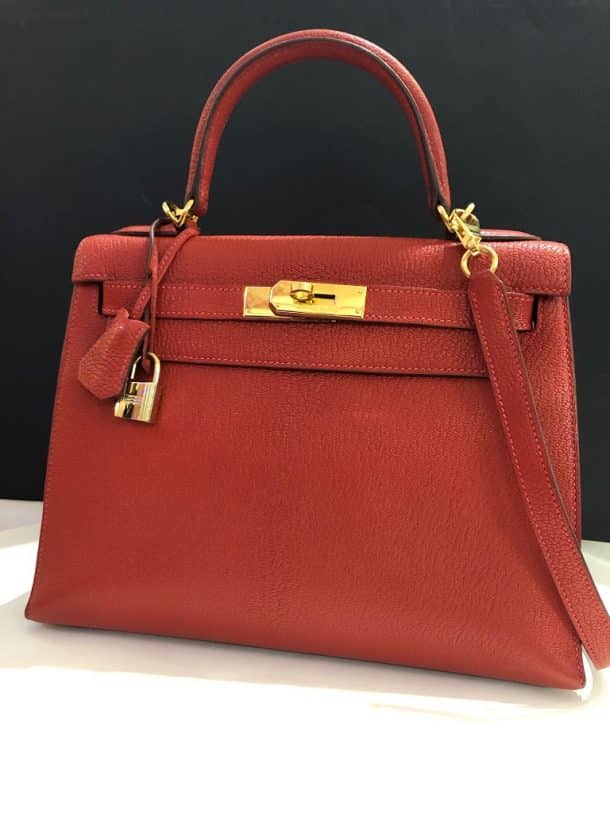 Hermès Kelly 28 Sellier Red Rouge Chèvre Mysore Leather Bag - Chelsea ...