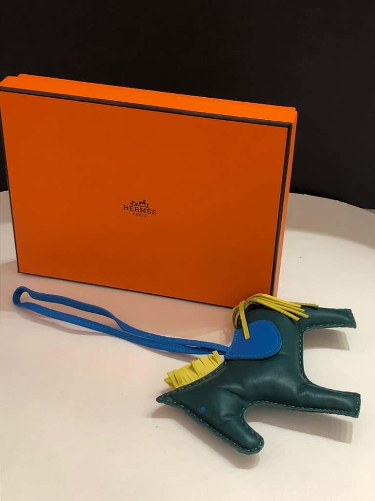 AUTHENTIC Hermes Jaune D'or Yellow, Blue Rodeo GM Horse Keychain Bag Charm