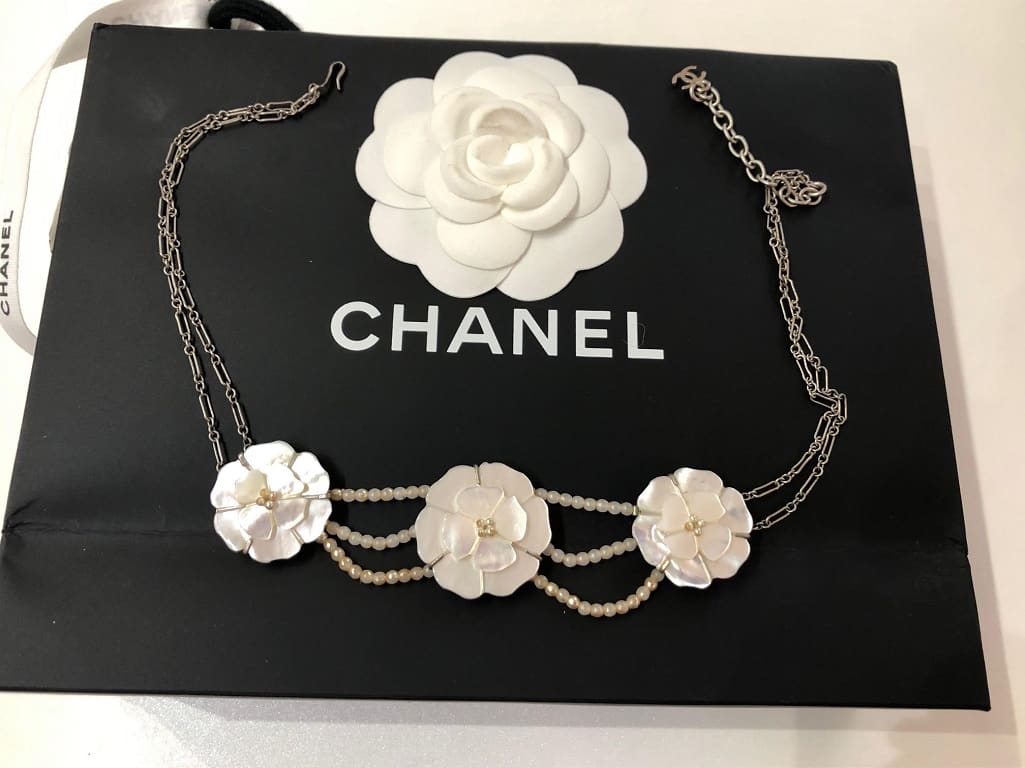 CHANEL Camellia Flower Mother of Pearl Triple Strand Necklace