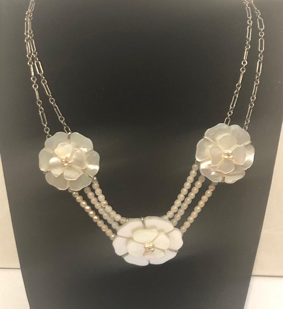 CHANEL Camellia Flower Mother of Pearl Triple Strand Necklace