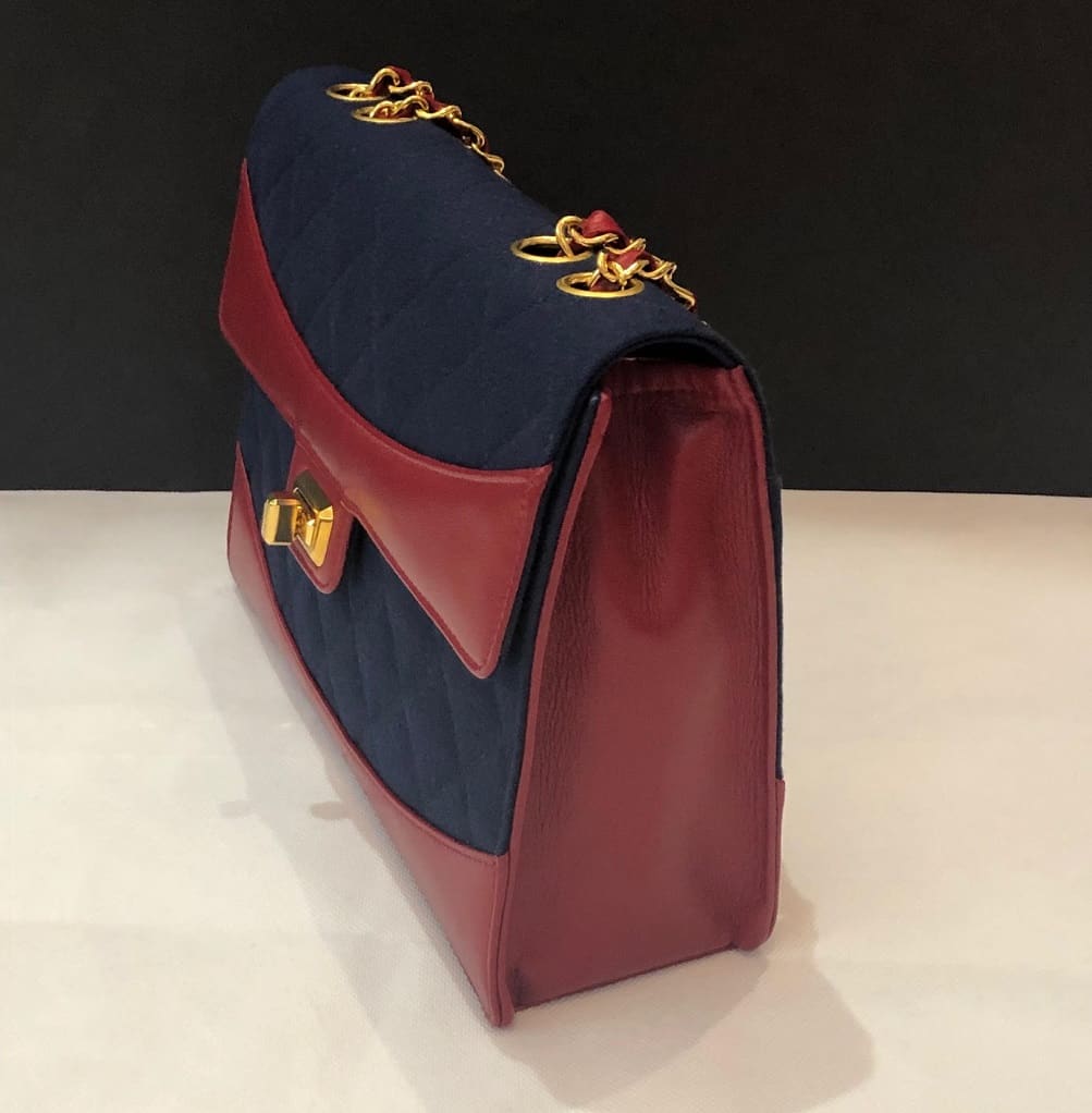 CHANEL Bi-Colour Quilted Red Lambskin Navy Blue Denim Shoulder Bag RARE -  Chelsea Vintage Couture