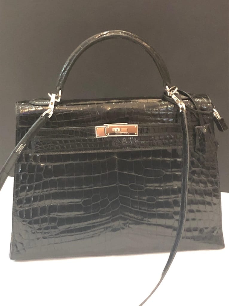 Hermes Kelly Sellier 28 Noir Black Shiny Porosus Crocodile Bag Handbag