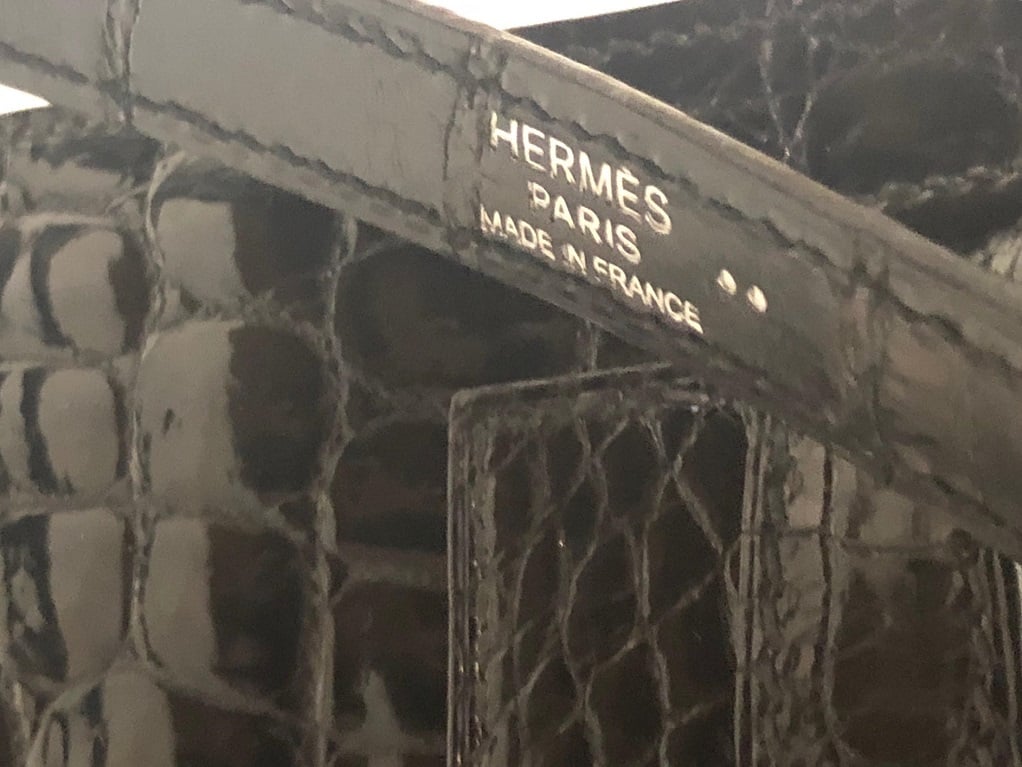 HERMÈS, BLACK SELLIER KELLY 32CM IN SHINY POROSUS CROCODILE WITH GOLD  HARDWARE, Handbags & Accessories, 2020