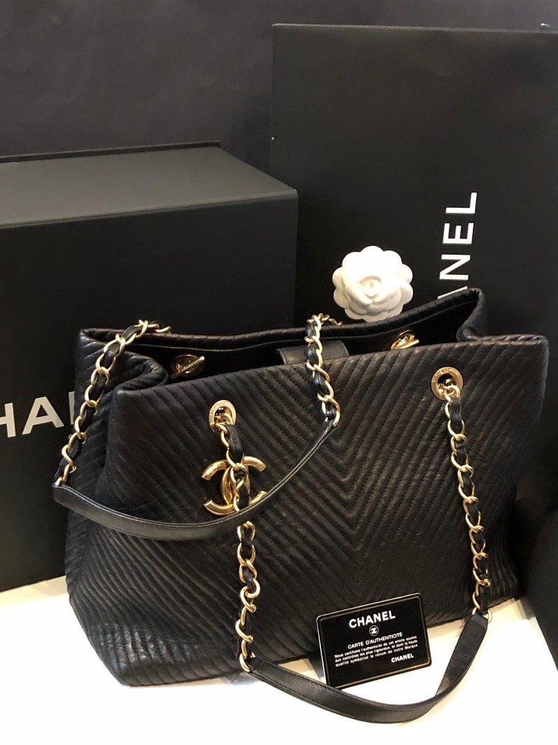 CHANEL Black Chevron CC Logo Shopping Tote Shoulder Handbag Gold
