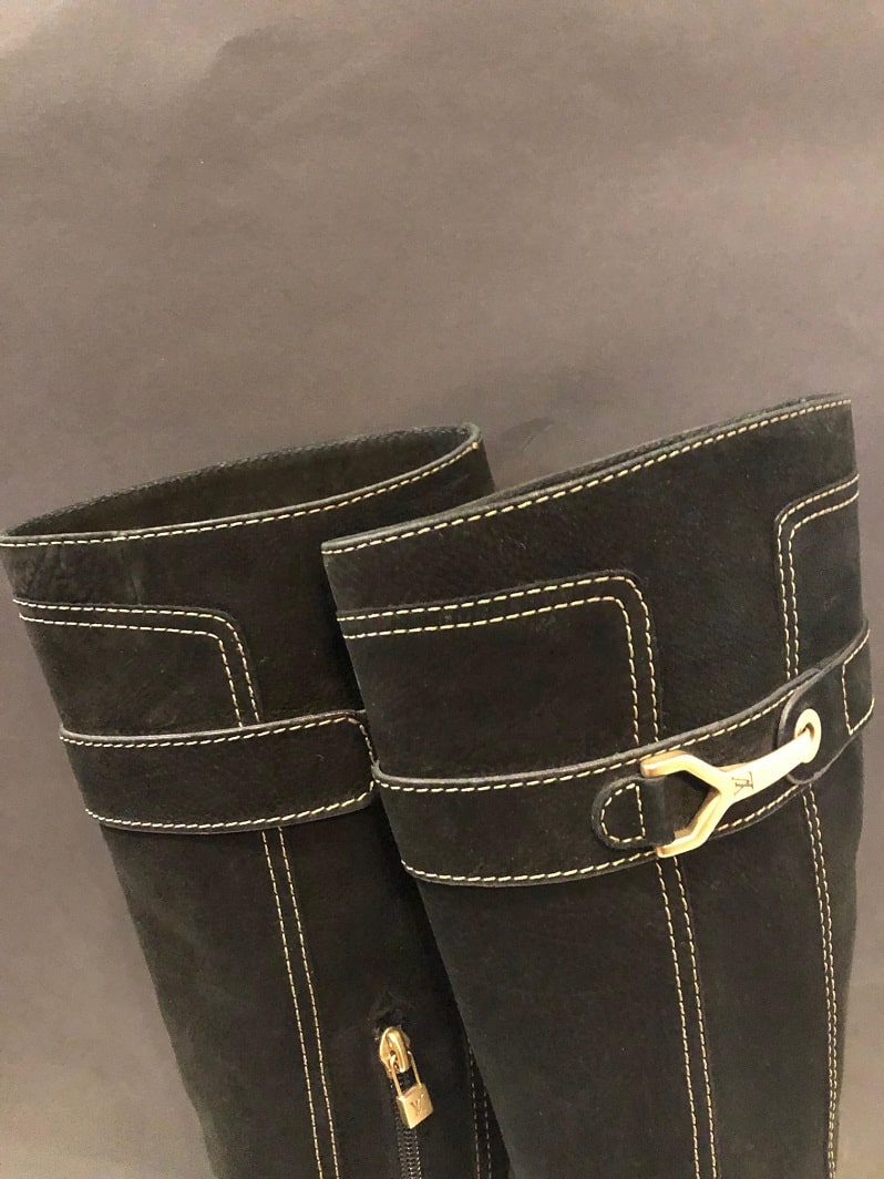 Louis Vuitton High Heels Boots Black Suede LV Logo Saddle Stitching Stiletto - Chelsea Vintage ...