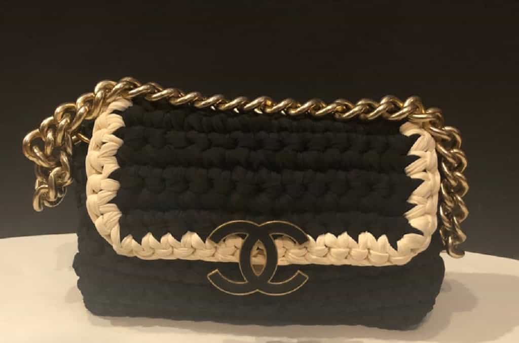 CHANEL Classic Flap Bag Knitted Crochet Black and White CC Logo - Chelsea  Vintage Couture