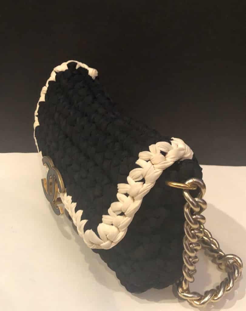 CHANEL Classic Flap Bag Knitted Crochet Black and White CC Logo
